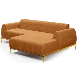 Sofá 4 Lugares com Chaise Direito Para Sala de Estar Molino 265cm D02 Base Castanho Pés D'ouro Couríssimo Whisky B-90 - Lyam Decor