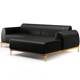 Sofá 5 Lugares com Chaise Direito Sala de Estar Molino 320cm D02 Couríssimo Preto B-159 - Lyam Decor