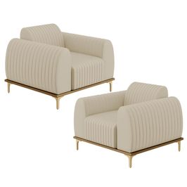Kit 02 Poltronas Decorativas Base De Madeira Com Pés D'Ouro Molino D02 Corano Bege C-26 - Lyam Decor