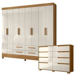 Conjunto Quarto Moval 2 Peças 8 Portas 4 Gavetas Guarda Roupa e Cômoda 8 Gavetas