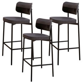 Kit 03 Banquetas Alta Bar Cozinha Sala De Jantar Aço Preto Kaira C01 Linho Preto Courino Preto - Lyam Decor