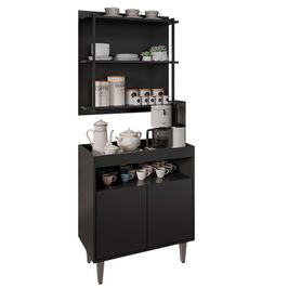 Aparador Cantinho do Café e Painel 3 Prateleiras Flora M24 Preto - Mpozenato