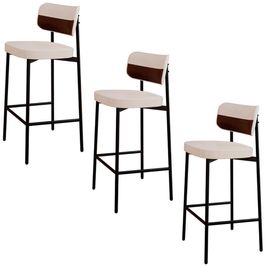 Banqueta Alta Bar Estofada Kit 3 Ella M25 Linho Palha/Café - Mpozenato