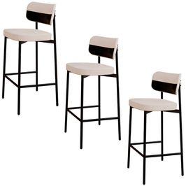 Banqueta Alta Bar Estofada Kit 3 Ella M25 Linho Palha/Preto - Mpozenato