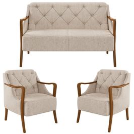 Kit Namoradeira 135cm e 2 Poltronas Decorativas Capitonê Lapa M22 Linho Cinza - Mpozenato