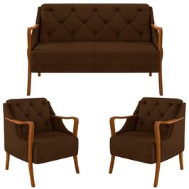 Kit Namoradeira 135cm e 2 Poltronas Decorativas Capitonê Lapa M22 Veludo Marrom - Mpozenato