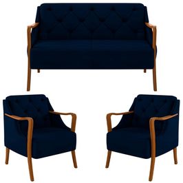 Kit Namoradeira 135cm e 2 Poltronas Decorativas Capitonê Lapa M22 Veludo Azul Marinho - Mpozenato