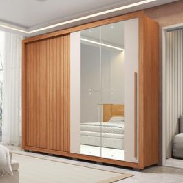 Guarda Roupa Moviment 2 com Portas de Correr 4 Gavetas e Espelho 100% Mdf | Freijo/Off White