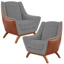 Kit 2 Poltronas Decorativas Base Em Madeira Juliet D02 Courissímo Camel B-14 Pied Poule - Lyam Decor