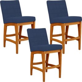 Kit 03 Banqueta Baixa Cozinha Bancada Bar Sala Jantar Fixa Mila L02 Suede Azul Marinho - Lyam Decor