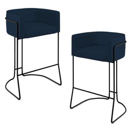 Kit 02 Banquetas Decorativas Fixa Base de Aço Preto Betina D02 Veludo Azul Oxford C-304- Lyam Decor