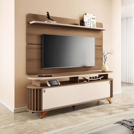 Conjunto Decorativo Bancada e Painel Kirby TV até 70 Polegadas Castanho/Off White G26 - Gran Belo