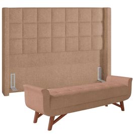 Kit Cabeceira Cama Box Paris 160 cm com Puff Recamier Itália P05 Bouclê Bege - Lyam Decor