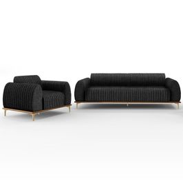 Kit Sofá 3 Lugares Sala Estar 180cm E Poltrona Molino Pés D'ouro D02 Linho Chumbo D-465 - Lyam Decor