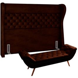 Kit Cabeceira Cama Box Casal 195 cm Madrid com Puff Recamier Santorini P05 Couríssimo Marrom - Lyam Decor