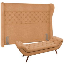 Kit Cabeceira Cama Box Casal 195 cm Madrid com Puff Recamier Santorini P05 Bouclê Mostarda - Lyam Decor