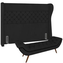 Kit Cabeceira Cama Box Casal 195 cm Madrid com Puff Recamier Santorini P05 Veludo Preto - Lyam Decor