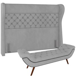 Kit Cabeceira Cama Box Casal 195 cm Madrid com Puff Recamier Santorini P05 Veludo Cinza - Lyam Decor