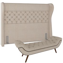 Kit Cabeceira Cama Box Casal 195 cm Madrid com Puff Recamier Santorini P05 Linho Creme - Lyam Decor