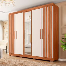 Guarda Roupa Casal Sophia Lux com Espelhos 5 Portas 2 Gavetas Caemmun Freijo/off white