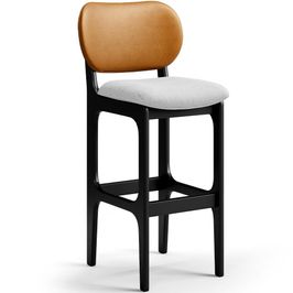 Banqueta Alta Bar Cozinha Sala Jantar Betta L02 Preto Couríssimo Whisky Linho Cinza - Lyam Decor