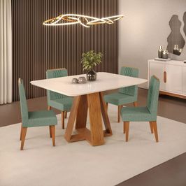 Conjunto Mesa Dj Celeste 4 Cadeiras 1,20 Tampo Vidro | Freijo Off White/Veludo Mate