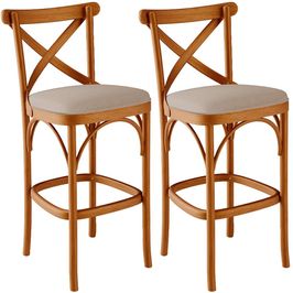 Kit 02 Banquetas Altas Cozinha Bancada Bar Sala Jantar Estofada Ávila L02 Linho Bege Escuro - Lyam