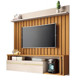 Painel Para TV 55 Pol Ripado com Bancada Suspensa Blanc B01 Cinamomo Off White - Lyam Decor