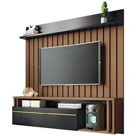 Painel Para TV 55 Pol Ripado com Bancada Suspensa Blanc B01 Castanho Preto - Lyam Decor