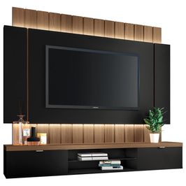 Painel Para TV 55 Pol Ripado com Bancada Suspensa Luzzi B01 Preto Castanho - Lyam Decor