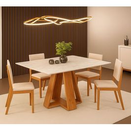 Conjunto Mesa Dj Celeste 4 Cadeiras Tampo Quartzo 1,20 | Freijo Quartzo/Veludo Creme (S/V)
