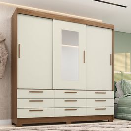 Guarda Roupa Estilo MM Dante 3 Portas 9 Gavetas Com Espelho | Jatoba/Areia