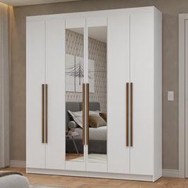 Guarda-Roupa Casal 6 Portas Batentes com Espelho Branco/Branco/Rustic Netuno Madesa Branco/Branco/Rustic