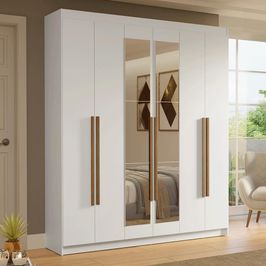 Guarda-Roupa Casal 6 Portas Batentes com Espelho Branco/Branco/Rustic Saturno Madesa Branco/Branco/Rustic