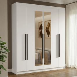 Guarda-Roupa Casal 6 Portas Batentes com Espelho Branco/Branco/Preto Venus Madesa Branco/Branco/Preto