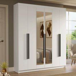 Guarda-Roupa Casal 6 Portas Batentes com Espelho Branco/Branco/Preto Saturno Madesa Branco/Branco/Preto