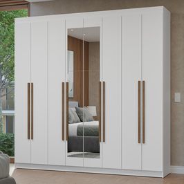 Guarda-Roupa Casal 8 Portas Batentes com Espelho Branco/Branco/Rustic Netuno Madesa Branco/Branco/Rustic