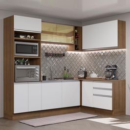 Cozinha Completa de Canto Madesa Glamy 399002 com Armário e Balcão (Sem Tampo e Pia) - Rustic/Branco Rustic/Branco