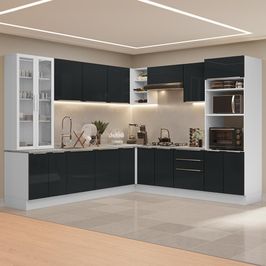 Armário de Cozinha Completa 566cm Branco/Preto Lux Madesa 01 Branco/Preto