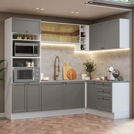 Armário de Cozinha Completa de Canto 399 cm Branco/Cinza Vik Madesa 02 Branco/Cinza