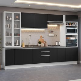 Armário de Cozinha Completa 340cm Branco/Preto Glamy Madesa 01 Branco/Preto