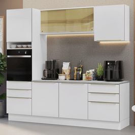 Armário de Cozinha Completa 240cm Branco Veludo Lux Madesa 08 Branco/Branco Veludo