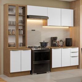 Armário de Cozinha Completa 270cm Rustic/Branco Veludo Lux Madesa 04 Rustic/Branco