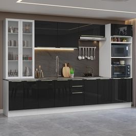 Armário de Cozinha Completa 340cm Branco/Preto Lux Madesa 02 Branco/Preto