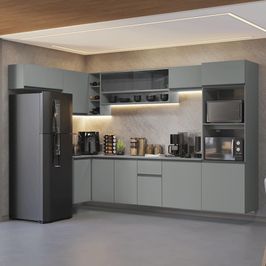 Armário de Cozinha Completa de Canto Suspenso 465cm Cinza Nice Madesa 03 Cinza