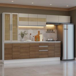 Armário de Cozinha Completa 100% MDF 300 cm Branco/Rustic/Crema Smart Madesa 04 Branco/Rustic/Crema