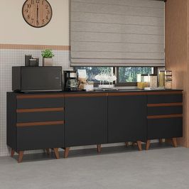 Kit com Três Balcões de Cozinha 2 Portas 6 Gavetas (com tampo) Preto Reims Madesa Preto