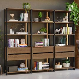 Estante Armário Multiuso para Livros 6 Gavetas 12 prateleiras 210cm Rustic/Preto Madesa Rustic/Preto