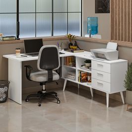 Mesa de Escritório em L 3 Gavetas Branco Lisboa Madesa Branco