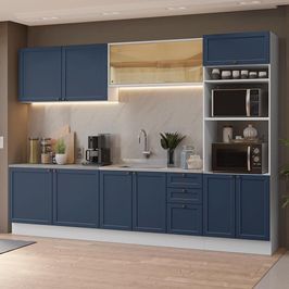 Armário de Cozinha Completa 310 cm Branco/Azul Vik Madesa 01 Azul Escuro
